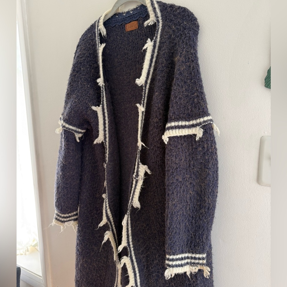POL Navy and Cream Distressed Varsity Cardigan - Picture 2 of 11